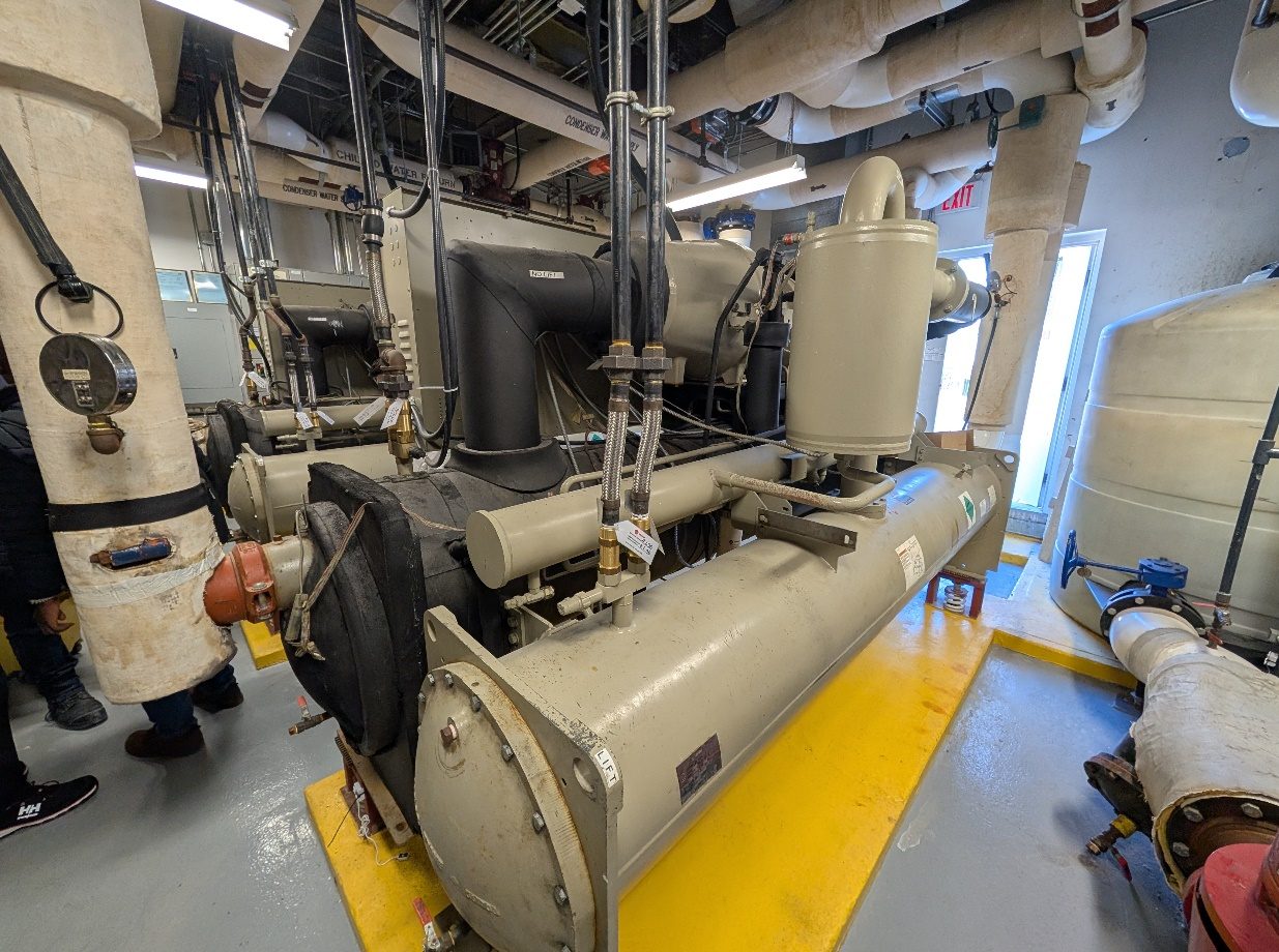 Two Trane screw chillers in the penthouse mechanical room